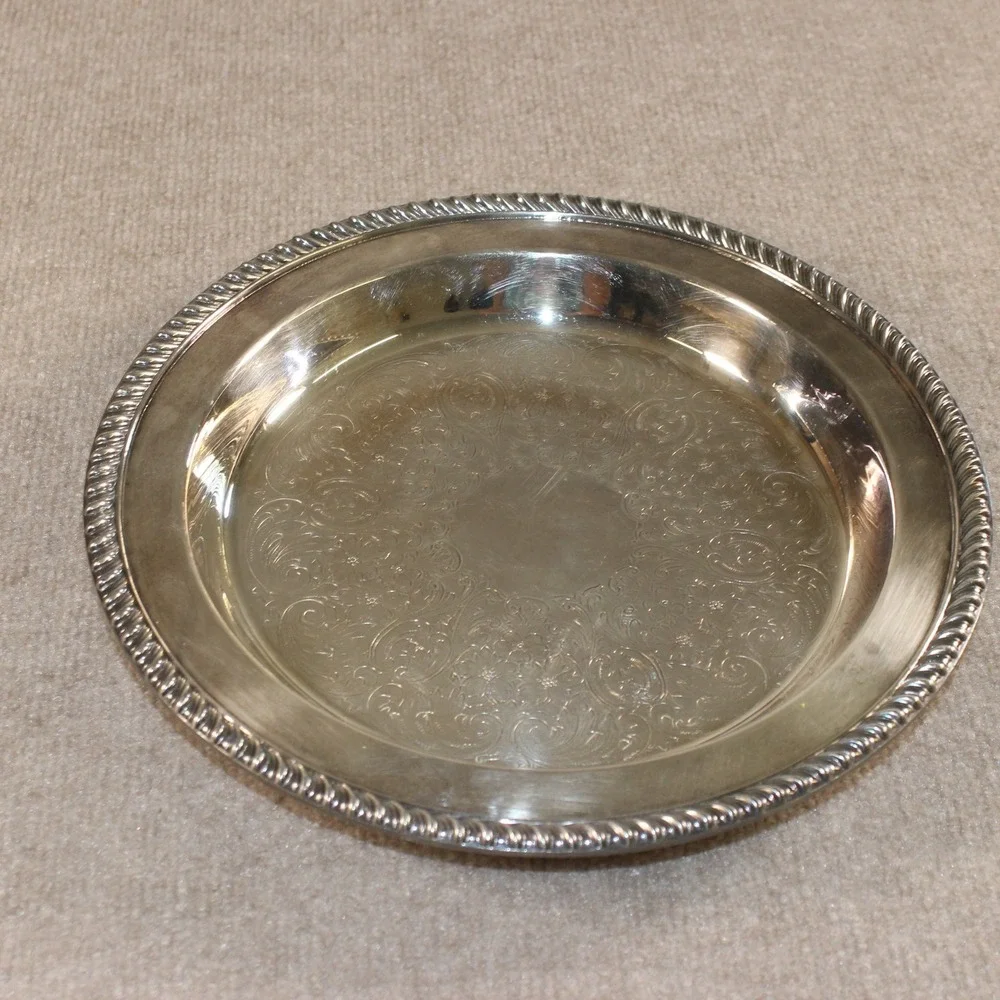 Poole Silver Co 1005 Silver Plated Footed Tray Etched Floral Gadroon Edge 12in